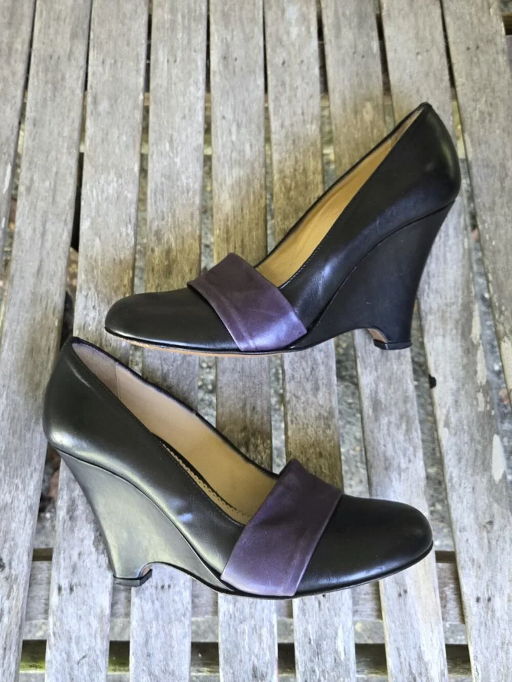 PAOLO IANTORNO Navy Purple Leather Wedge Pumps Shoes 38.5